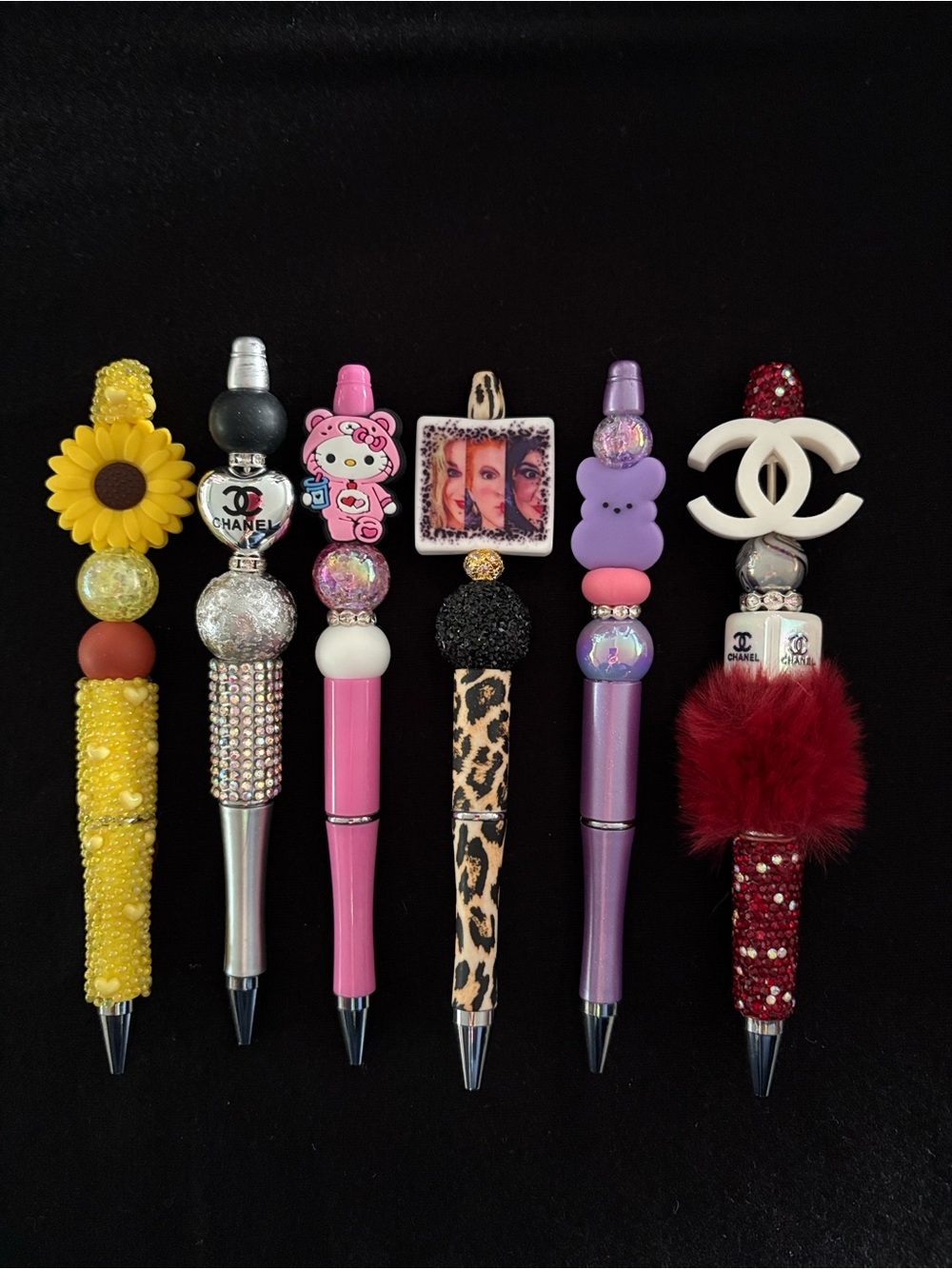 6 Assorted Decorative Refillable Beaded Pens Yellow, Pink, Leopard, Purple, Red